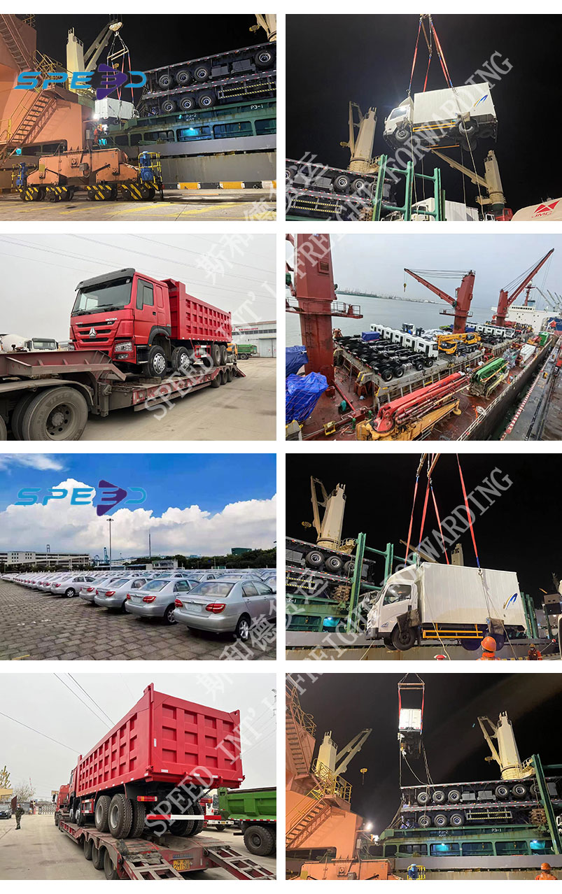 Collage showcasing the variety of wheeled cargo handled by SPEED INT'L Ro-Ro services, including trucks, trailers, and cars for export.